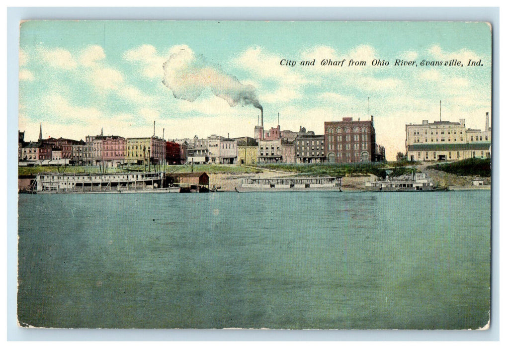 1912 City and Wharf From Ohio River, Evansville Indiana IN Antique Postcard