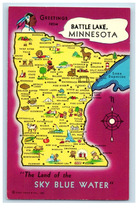 Greetings From Battle Lake Minnesota MN, Map The Land Of Sky Blue Water Postcard