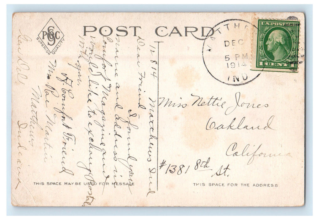 1914 Union Station Muncie Indiana IN Matthews IN Posted Antique Postcard