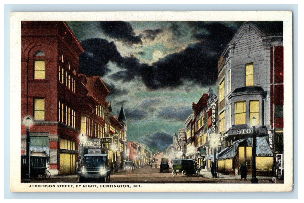1916 Jefferson Street By Night Huntington Indiana IN Unposted Postcard
