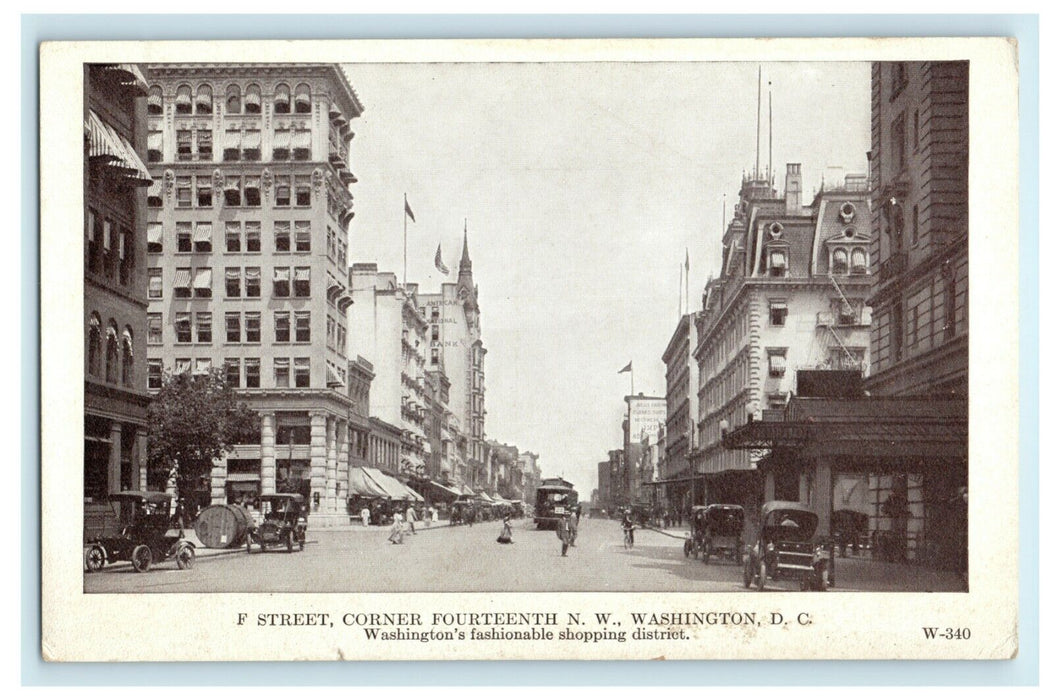 c1910 F Street 14th NW Washington DC Shopping District Classic Cars Postcard