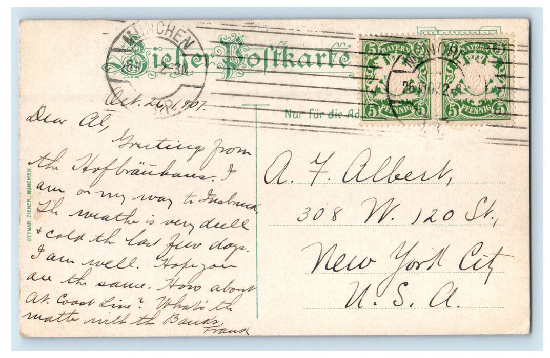 1907 Hofbrauhaus Festsaat Munchen Germany Antique Posted Postcard