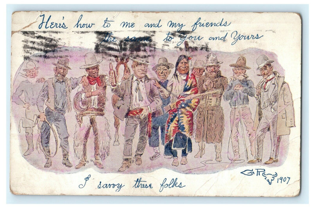 Cowboy Native American Businessman Guns Friends Beer 1907 Pocatello Postcard