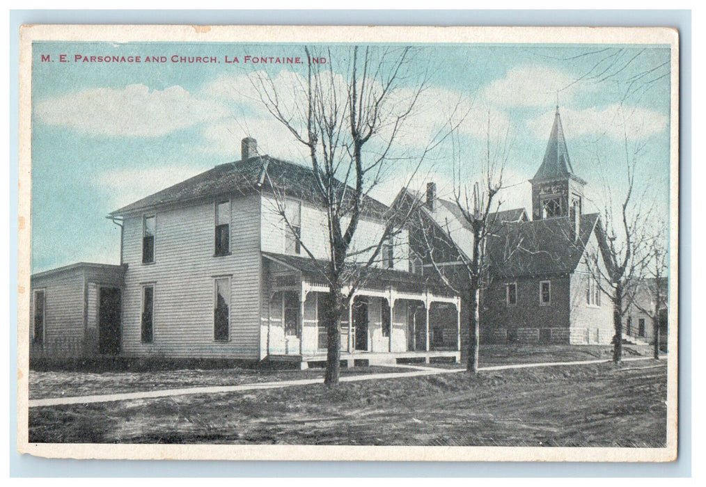 c1930s M.E. Parsonage and Church, La Fontaine Indiana IN Unposted Postcard