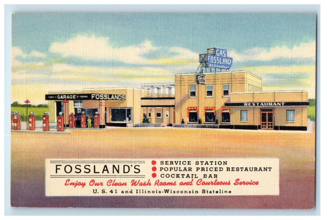 Gas Fossland Restaurant And Gas Station Kenosha Wisconsin WI Vintage Postcard
