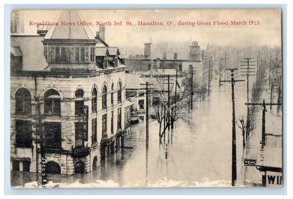 1913 Republican News Office North 3rd St. in Great Flood Hamilton OH Postcard