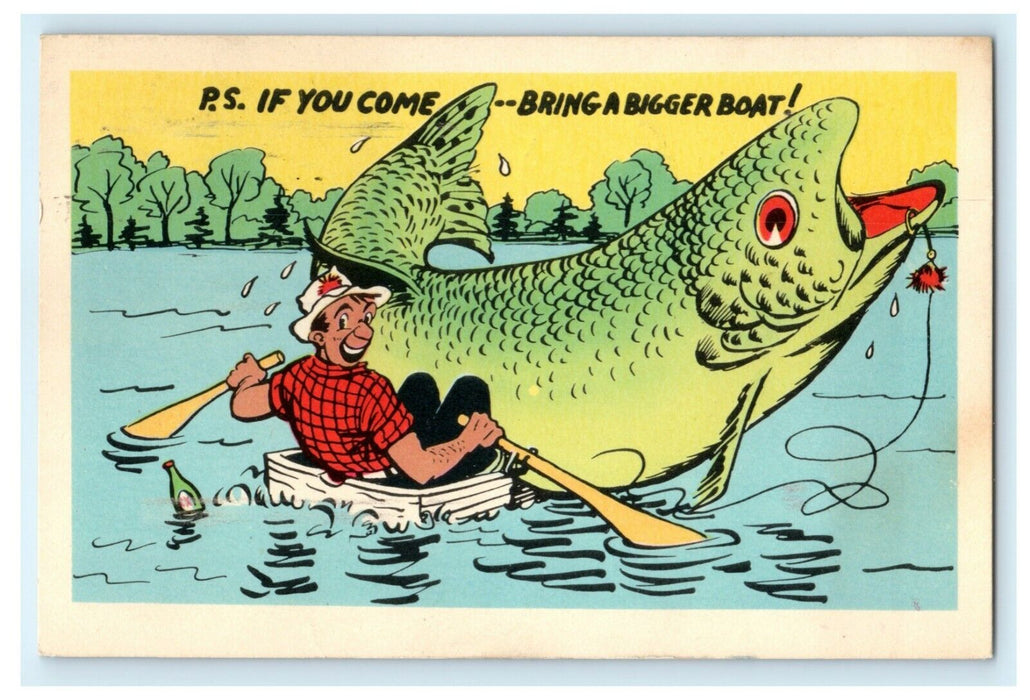 P.S. If You Come, Bring a Bigger Boat Comic Cartoon Funny 1953 Postcard