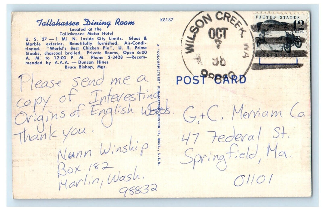 Tallahassee Dining Room Cars Tallahassee Florida FL, Wilson Creek WA Postcard
