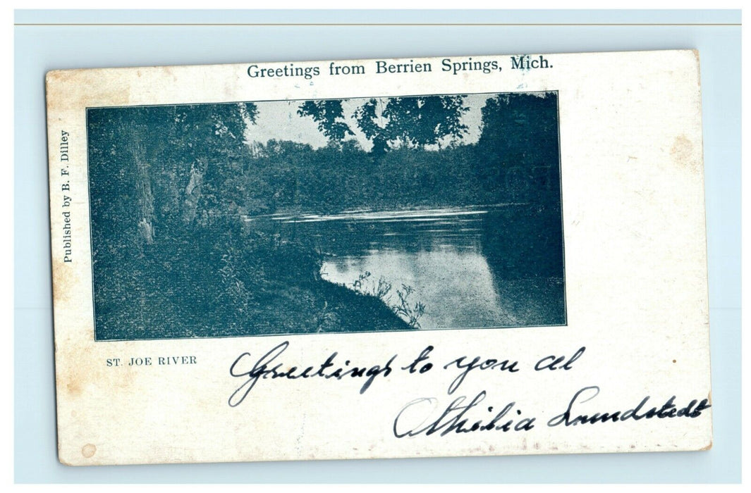 1907 Greetings From Berrien Springs Michigan MI St. Joe River Baroda Postcard