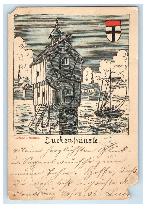 1903 Boat and House Scene, Luckenhausle, Konstanz Germany Postcard