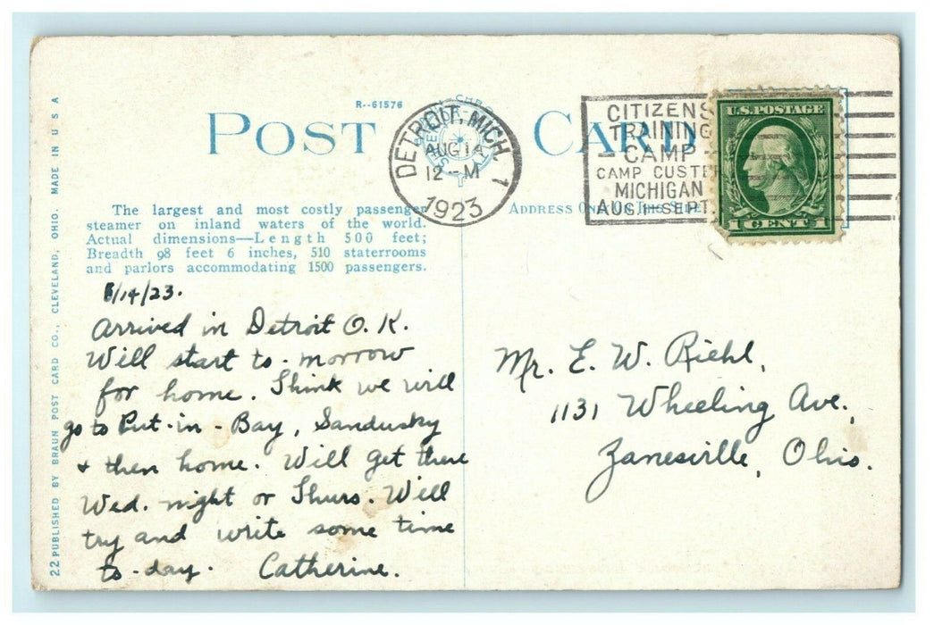 Great Ship Seeandbee Buffalo and Cleveland 1923 Training Camp Postmark Postcard
