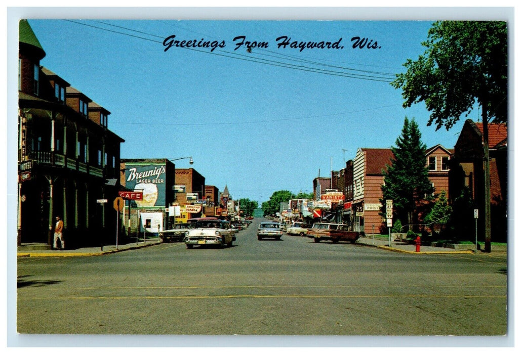 Greetings From Hayward Wisconsin WI, Street View Cars Vintage Postcard