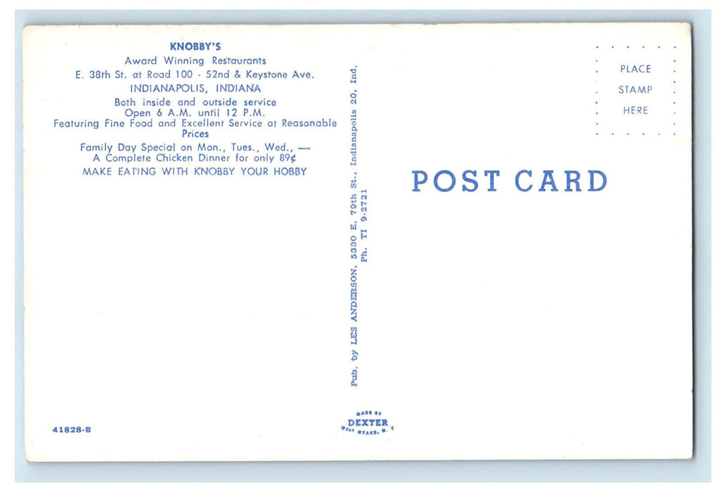 c1950s Knobby's Award Winning Restaurants Indianapolis IN Unposted Postcard