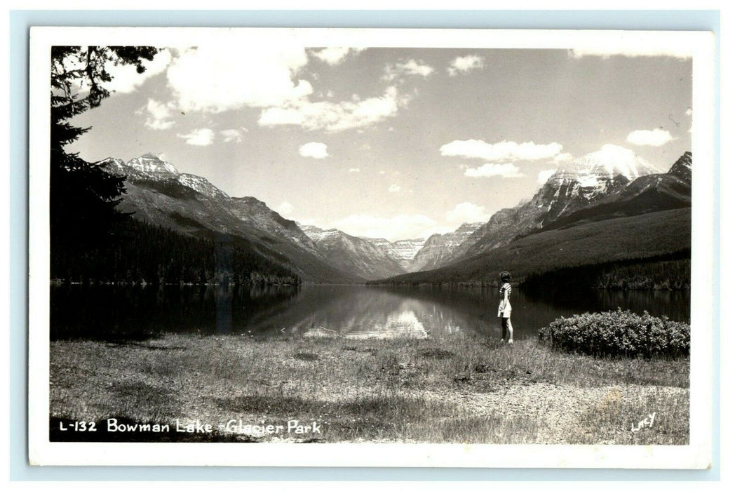 Bowman Lake Glacier Park Woman Mountains RPPC Vintage Postcard