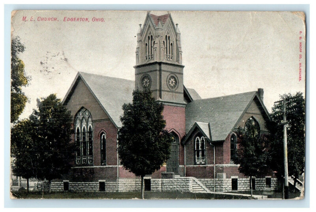 1909 The M.E Church View Edgerton Ohio OH Posted Antique Postcard