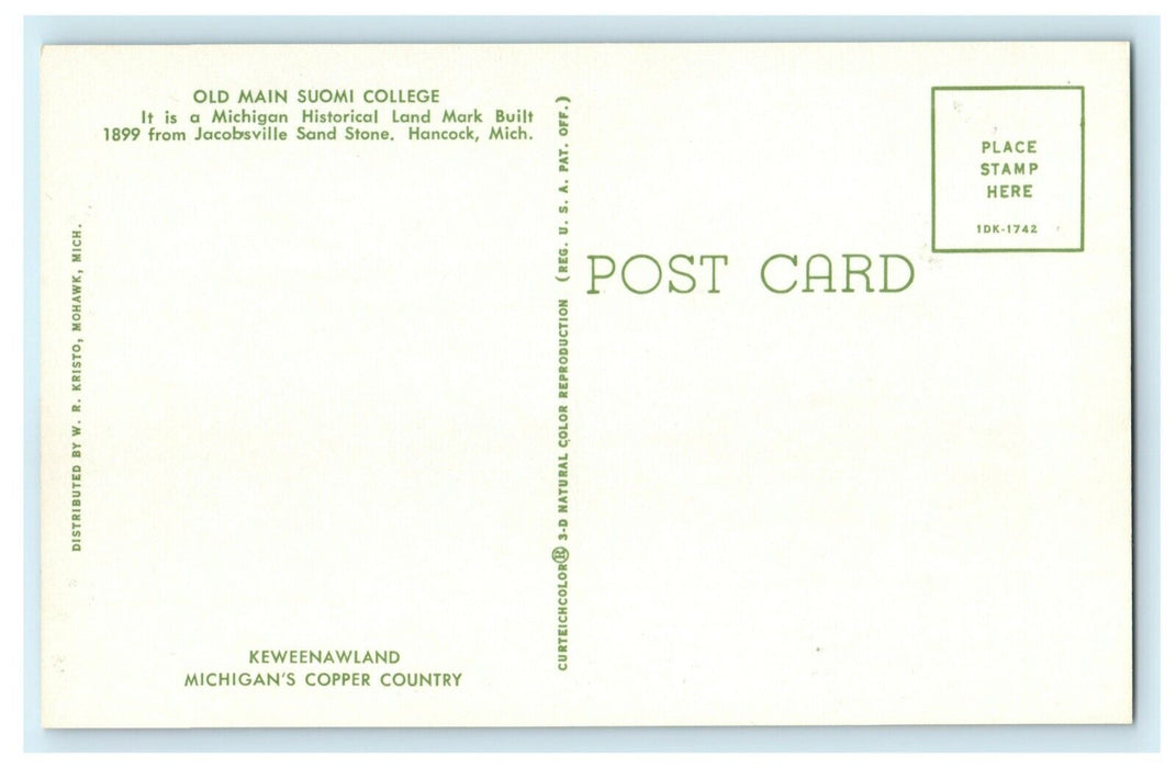 c1960's Old Main Suomi College Hancock Michigan MI Keweenawland Postcard