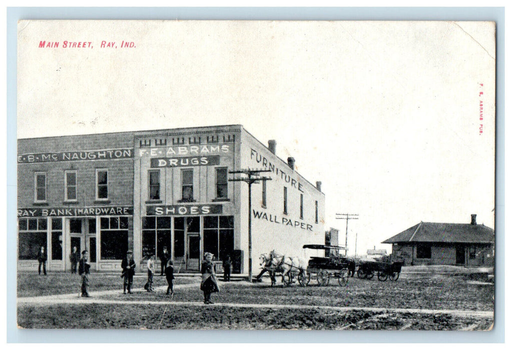 1908 F.E. Abrams Drugstore, Shoe Store, Main Street, Ray Indiana IN Postcard