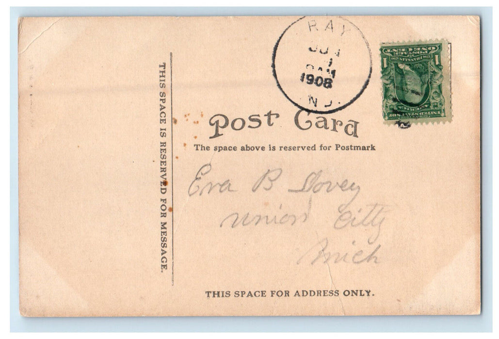 1908 F.E. Abrams Drugstore, Shoe Store, Main Street, Ray Indiana IN Postcard