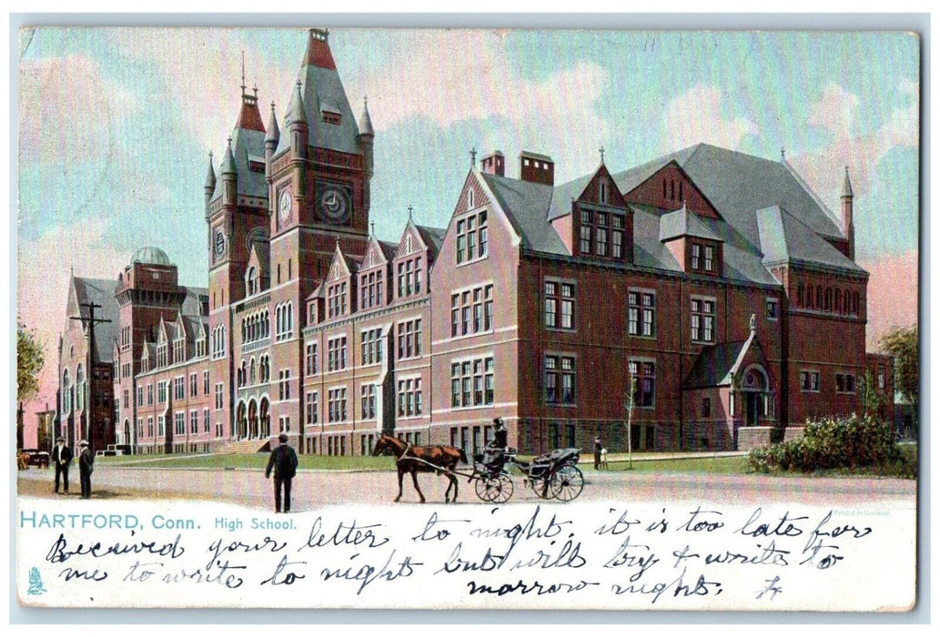 1909 High School Exterior Building Horse Carriage Hartford CT Tuck Postcard