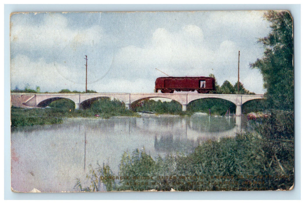 1908 Concrete Bridge Trolley Across White Lick River Indiana IN Postcard