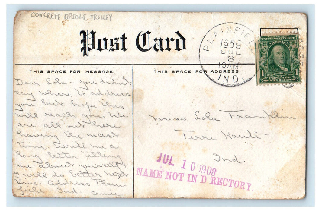 1908 Concrete Bridge Trolley Across White Lick River Indiana IN Postcard