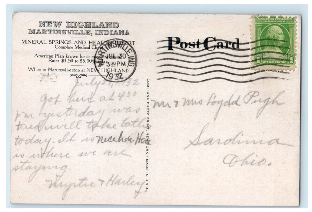 1932 New Highland Hotel-Sanitarium Martinsville Indiana IN Postcard