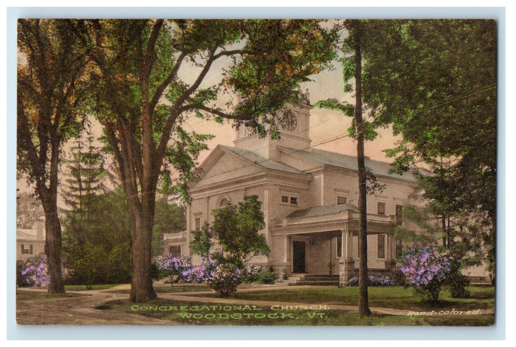 Congregational Church Street View Woodstock Vermont VT Handcolored Postcard