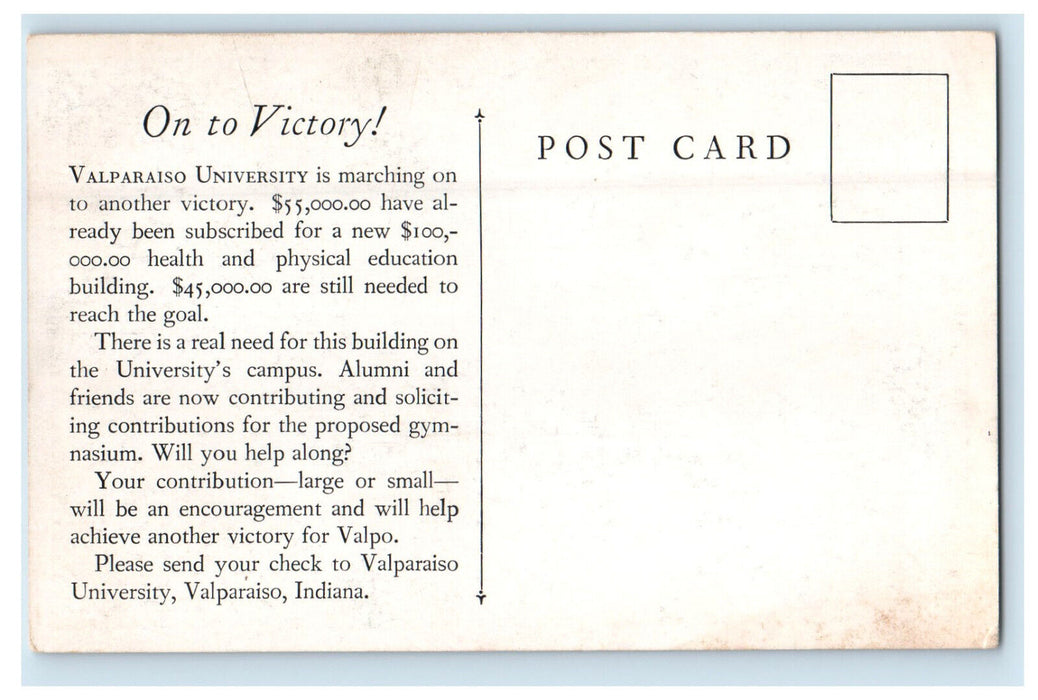 c1940s On To Victory! Valparaiso University Indiana IN Soliciation Ad Postcard