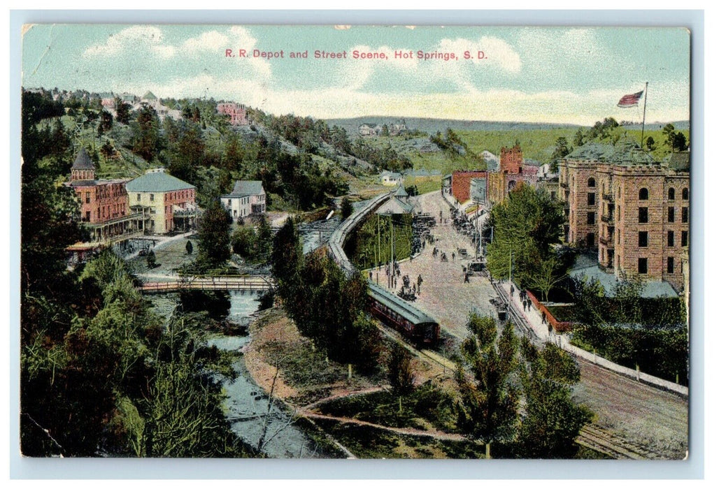 1912 Railroad Depot and Street Scene, Hot Springs South Dakota SD Postcard