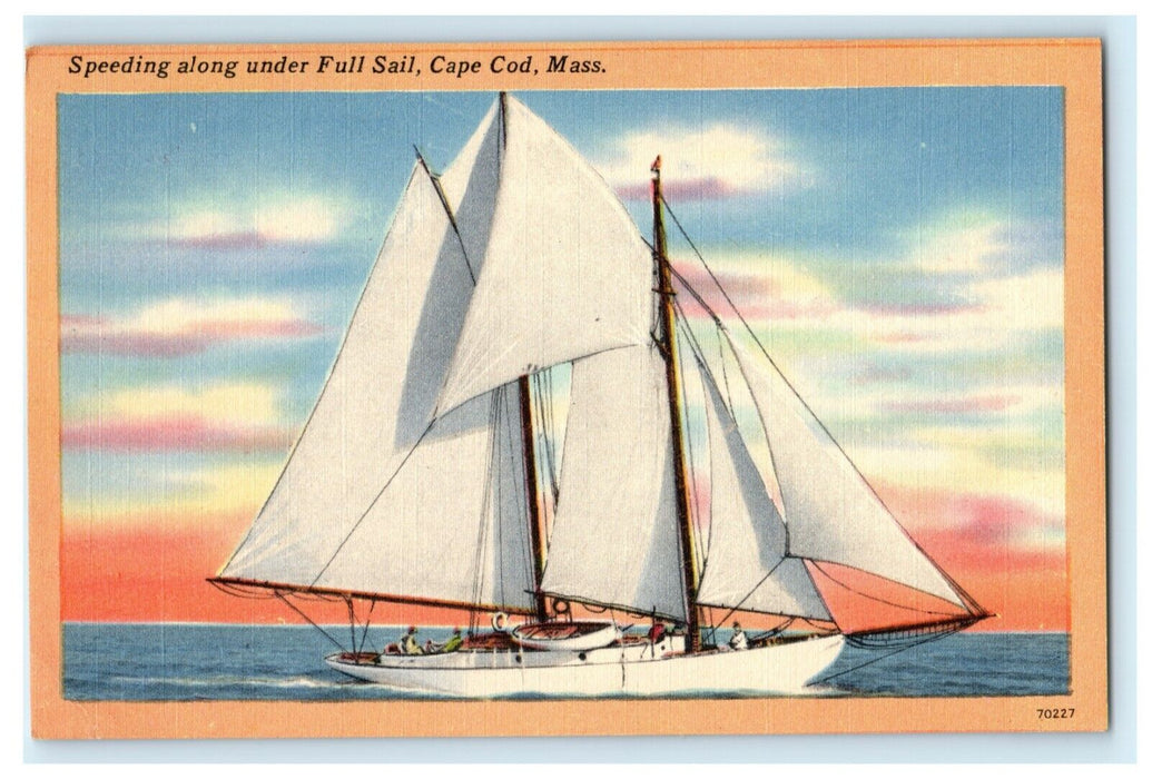 Speeding Along Under Full Sail Cape Cod Massachusetts 1952 Postcard