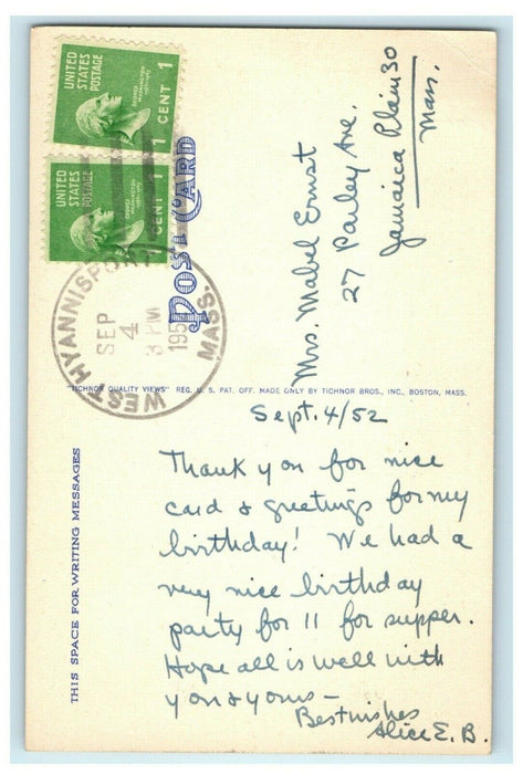 Speeding Along Under Full Sail Cape Cod Massachusetts 1952 Postcard