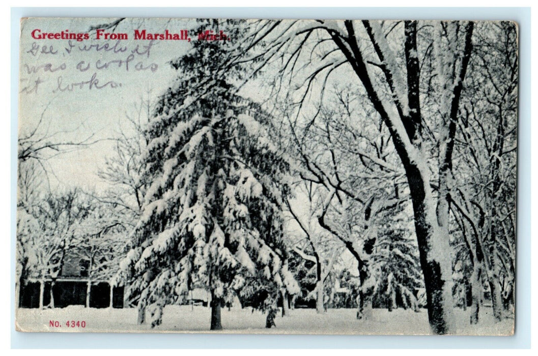 Greetings From Marshall Michigan Snow Pine Trees Vintage Postcard