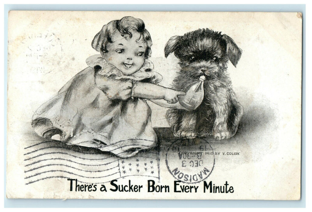 1910 Baby Girl Giving Milk to Puppy Sucker Born Comic Humor Funny Postcard