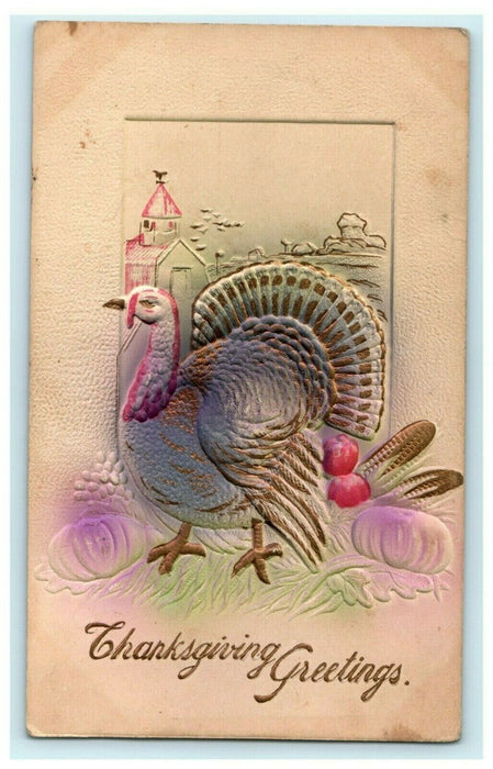 Thanksgiving Greetings Airbrushed Embossed Turkey Pumpkins Postcard