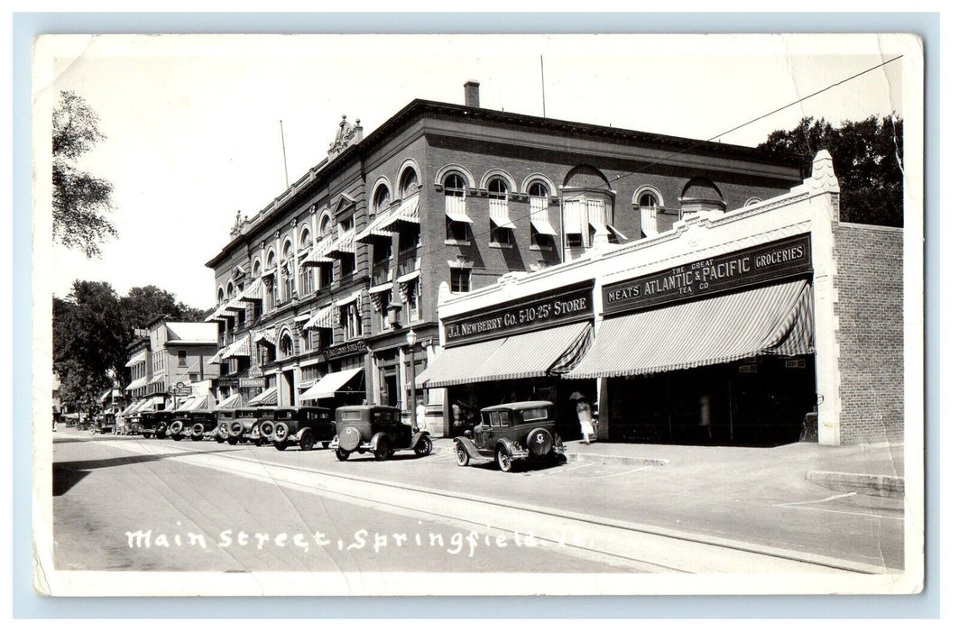 c1930's Main Street Cars Springfield Vermont VT RPPC Photo Antique Postcard