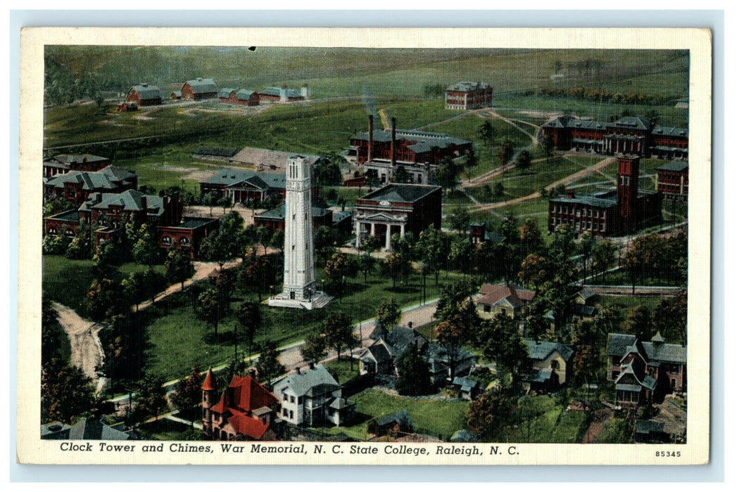 1940 Clock Tower War Memorial North Carolina State College Raleigh Postcard