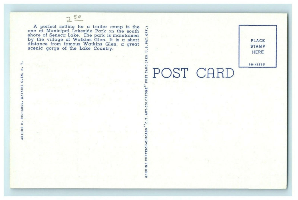 Trailer Camp Municipal Lakeside Park Seneca Lake Watkins Glen NY Postcard