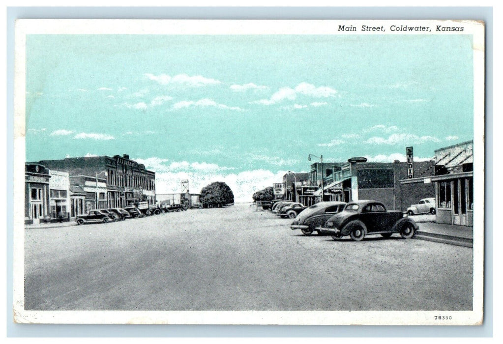 c1940s Cars in Main Street Coldwater Kansas KS Vintage Unposted Postcard