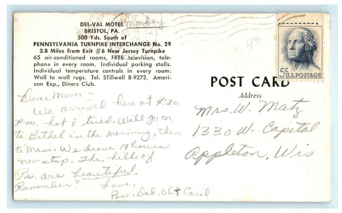 Del-Val Motel Bristol Pennsylvania Turnpike Interchange No. 29 Vintage Postcard
