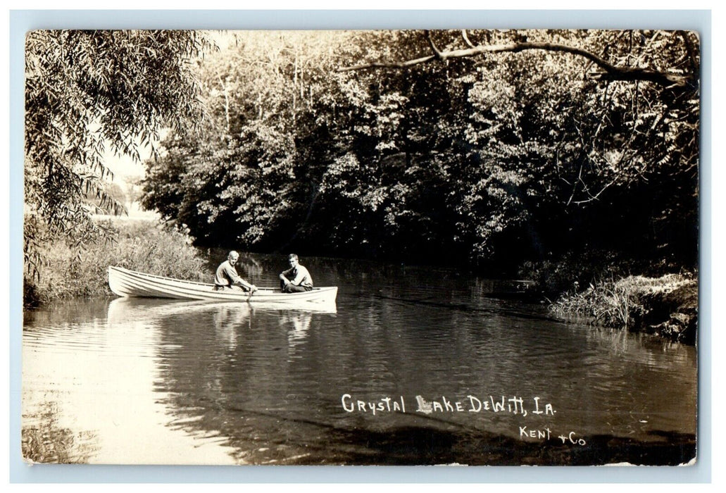1912 Crystal Lake Two Boys Canoeing DeWitt Iowa IA RPPC Photo Antique Postcard