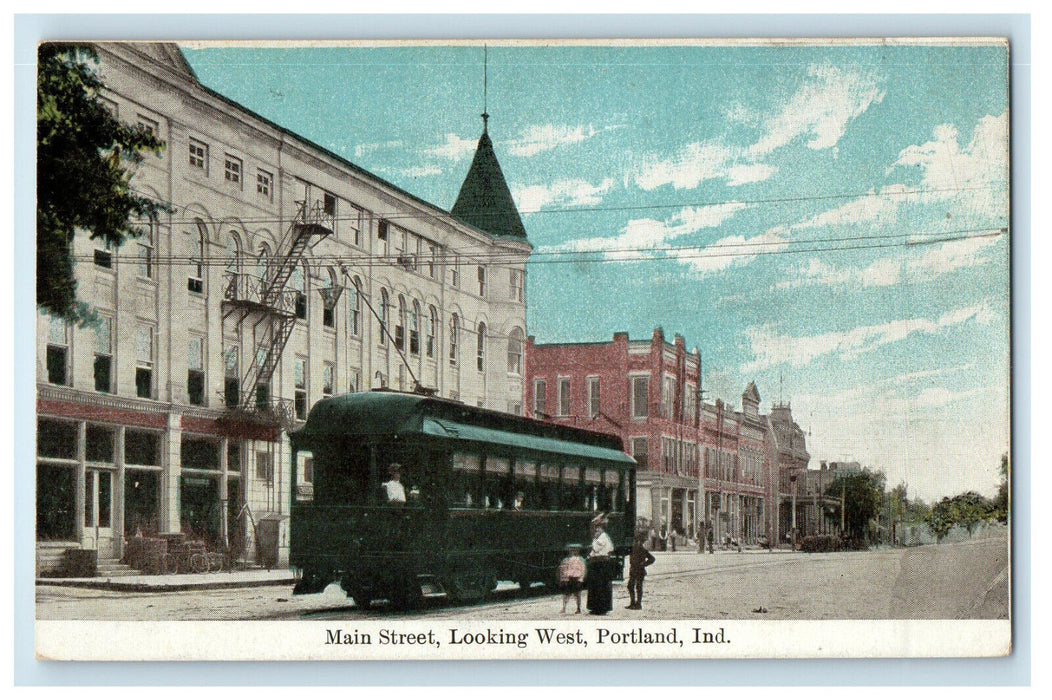 c1910 Horse Car, Main Street Looking West Portland Indiana IN Postcard