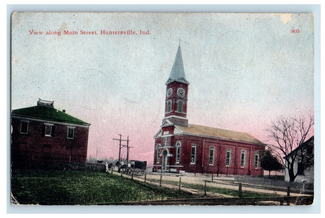 1911 View Along Main Street Church Tower Clock Huntersville Indiana IN Postcard