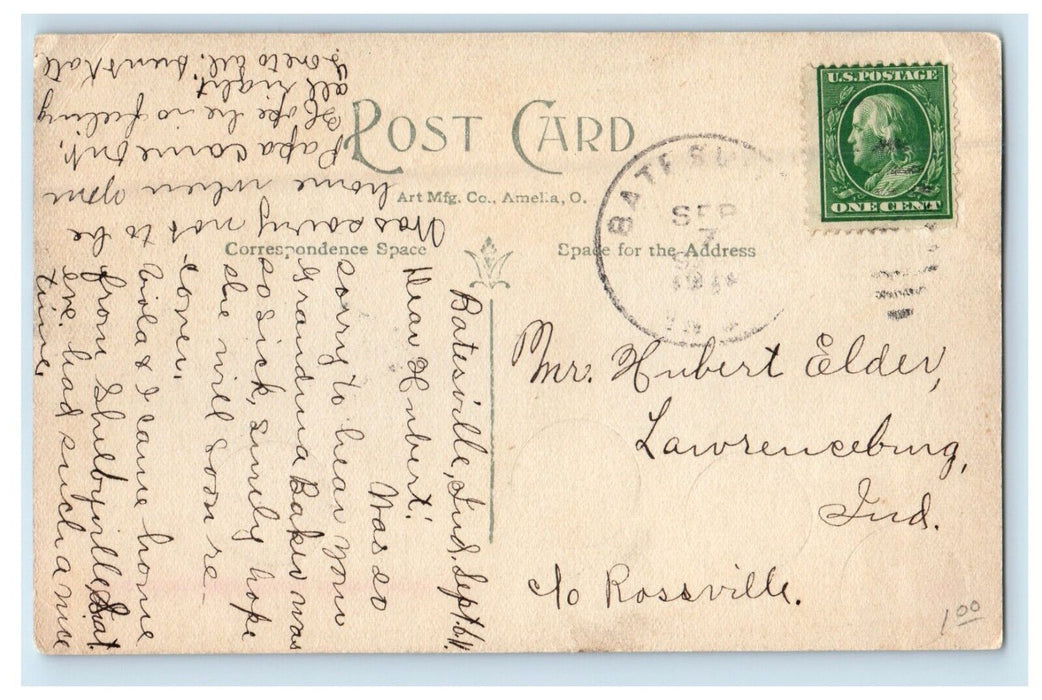 1911 View Along Main Street Church Tower Clock Huntersville Indiana IN Postcard