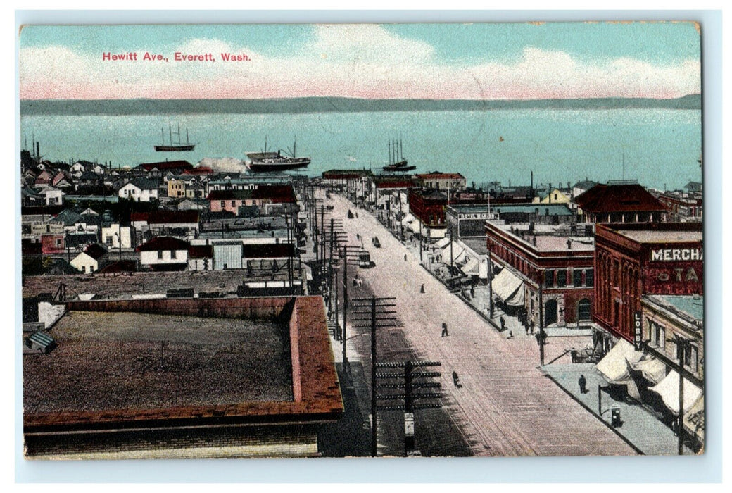 Hewitt Ave. Everett Washington Boats Bird's Eye View 1908 Downtown Postcard