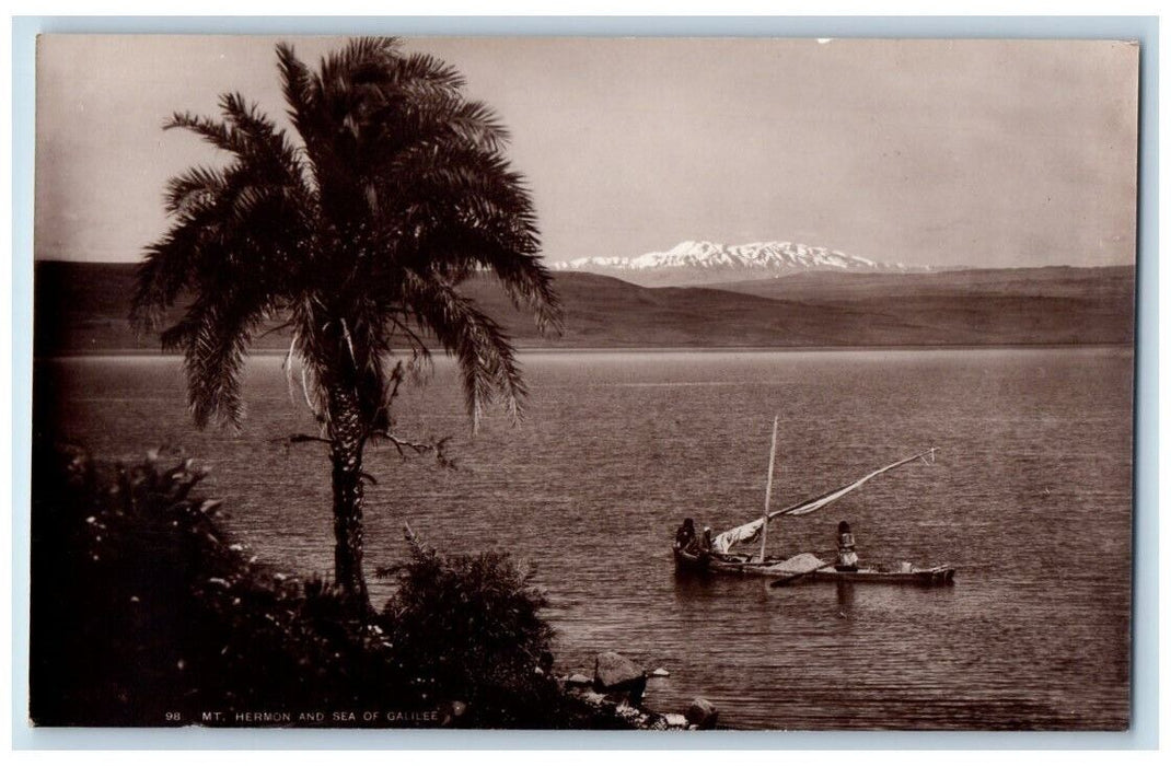 c1930's Mt. Hermon And Sea Of Galilee Boat View Israel RPPC Photo Postcard