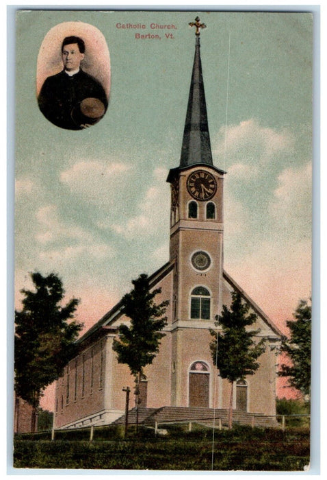 c1910's Catholic Church Clock Tower Barton Vermont VT Unposted Antique Postcard