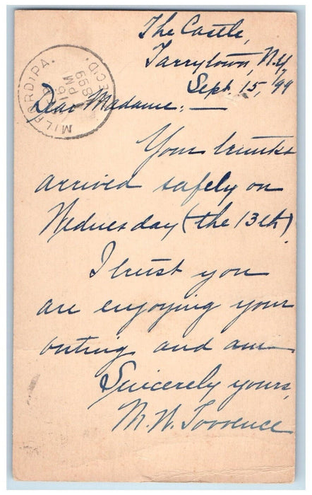 1899 MN Tarrence Letter to LR Garnier Milford PA Tarrytown NY PMC Postal Card
