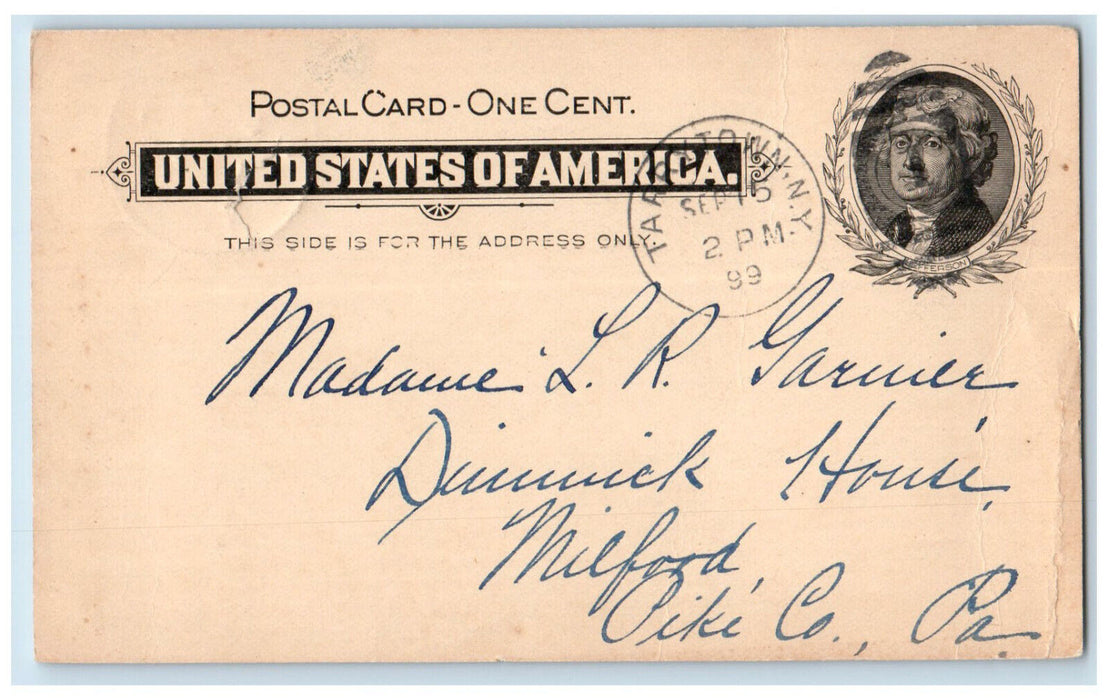 1899 MN Tarrence Letter to LR Garnier Milford PA Tarrytown NY PMC Postal Card