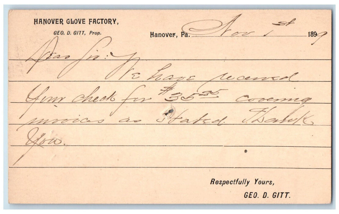 1899 Hanover Glove Factory Geo D Gitt Hanover PA Heidersburg PA Postal Card