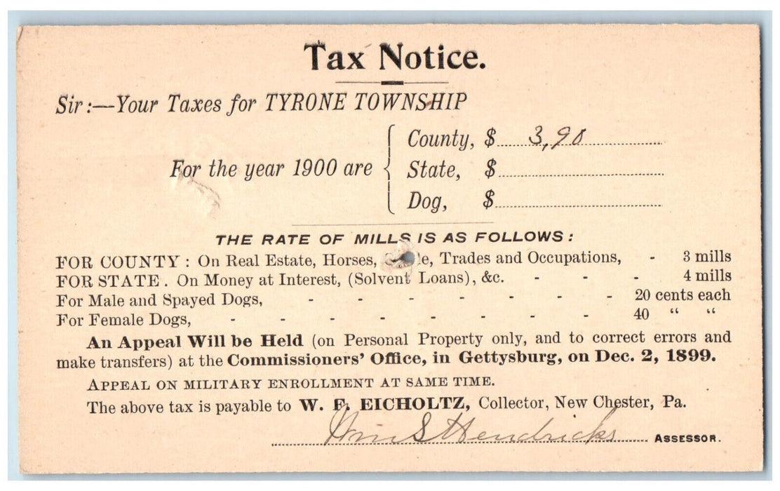 1899 Taxes for Tyrone Township New Chester Heidlersburg PA Postal Card
